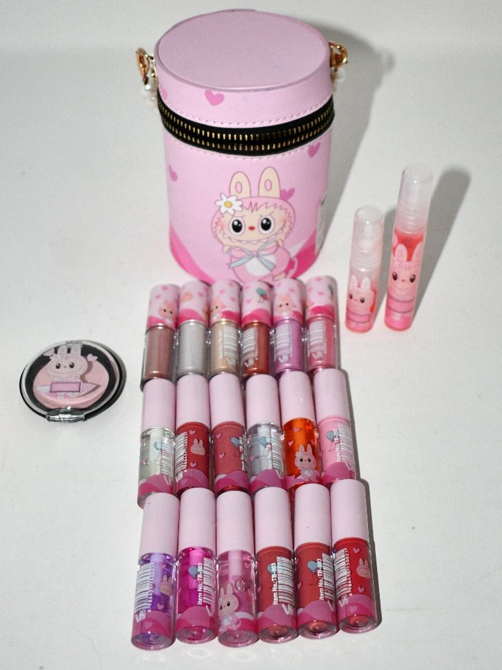 Pink Bunny Strawberry Cosmetic Bag Lip Gloss Makeup Gift Set 22 Pc Pearl Strap N